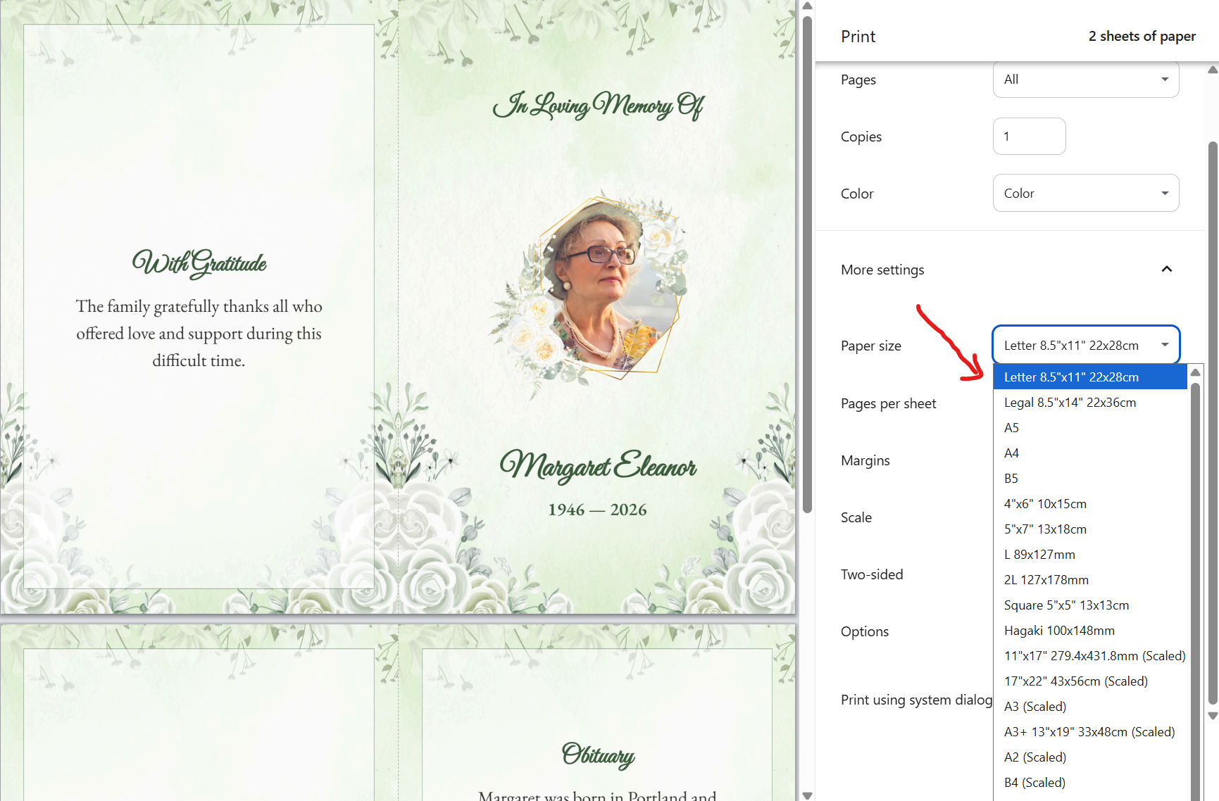 Chrome print dialog showing the paper size set to Letter 8.5 by 11 inches